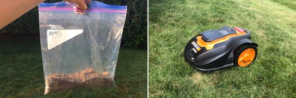 Bag of soil and Mo, the robotic lawnmower